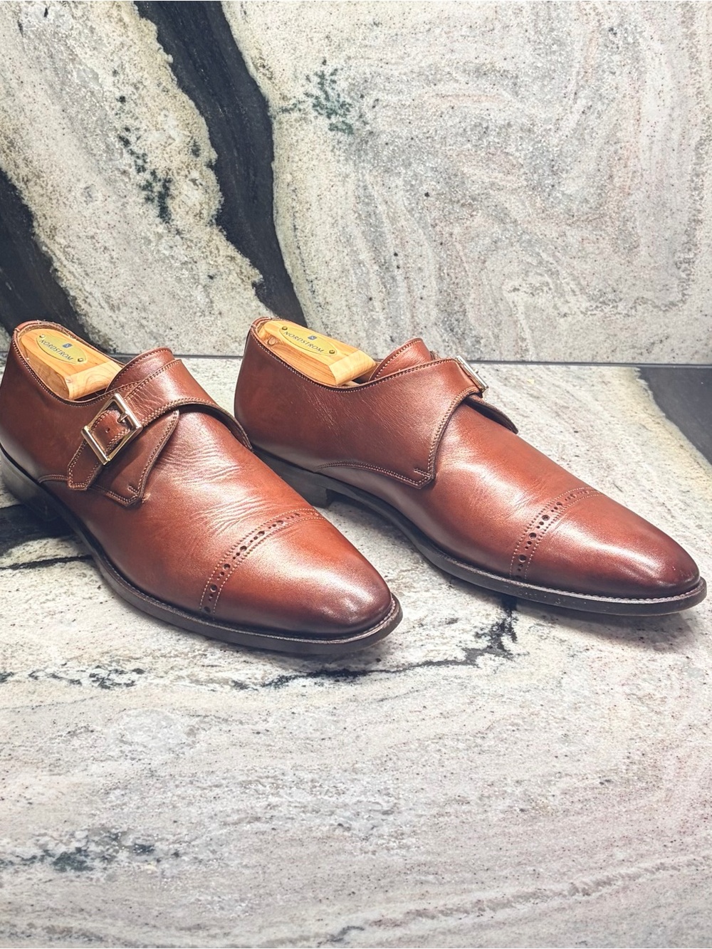 Santoni Single Monk Strap Cap Toe Brown Leather Shoes UK 8.5 US 9.5 Italy
